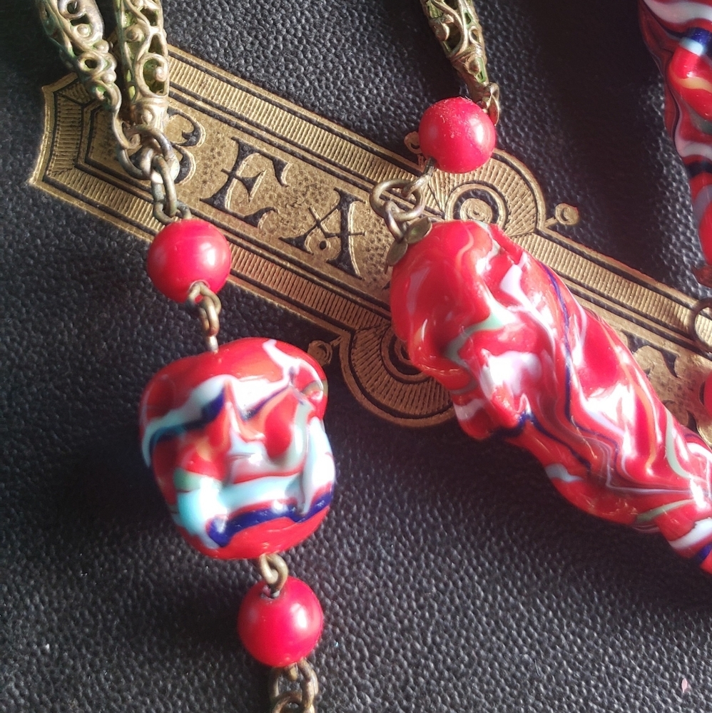 True Art Deco Art Glass And Brass Necklace View 4